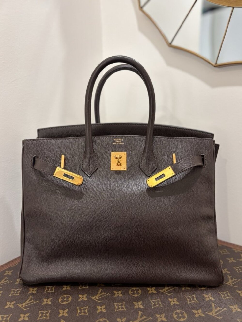 Authentic HERMÈS 35 BIRKIN COURCHEVEL EBENE CHOCOLATE LEATHER/GOLD HARDWARE